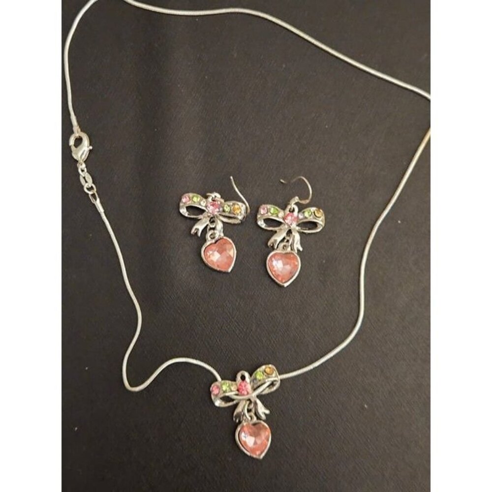 Sterling Silver Bow & Heart Pink Crystal Necklace and Earring Set